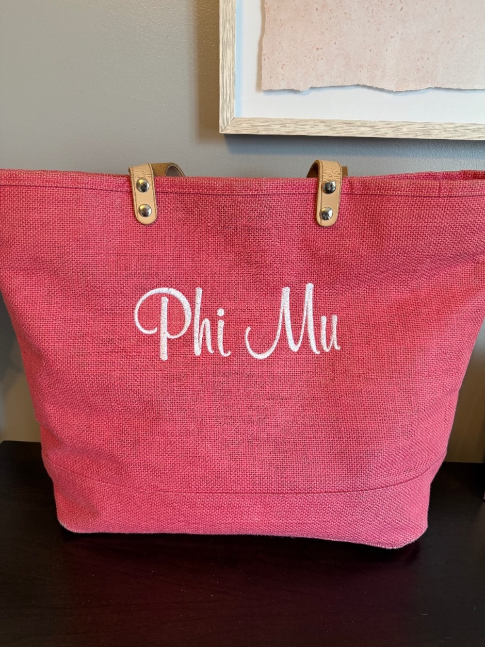 Pink burlap Phi Mu tote